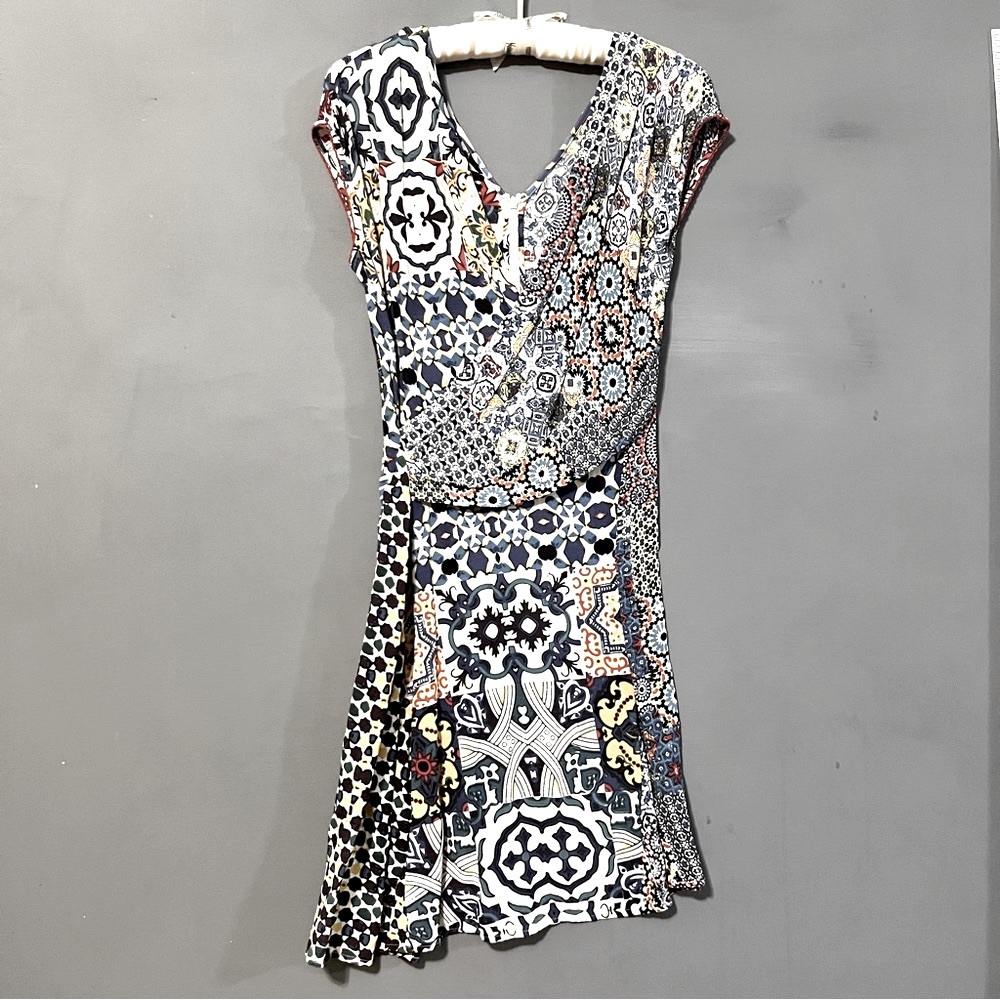 Desigual Blue Multicolor Boho Patterned Women's Dress Wrap Flare Eclectic Travel